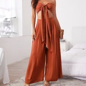 Tie Front Tube Top & Pleated Wide Leg Pants Set